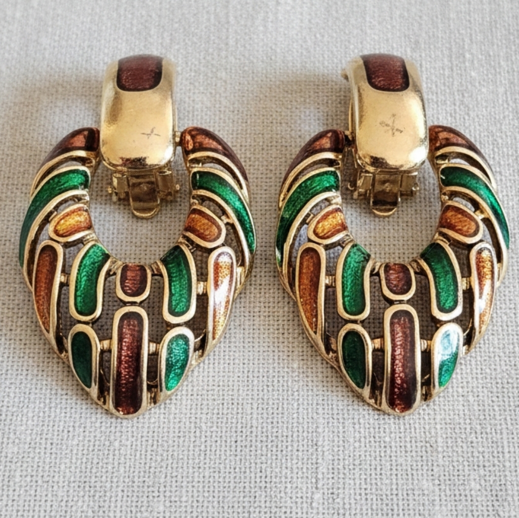 Vintage Craft Enamel Clip On Earrings Gold Tone Green Copper